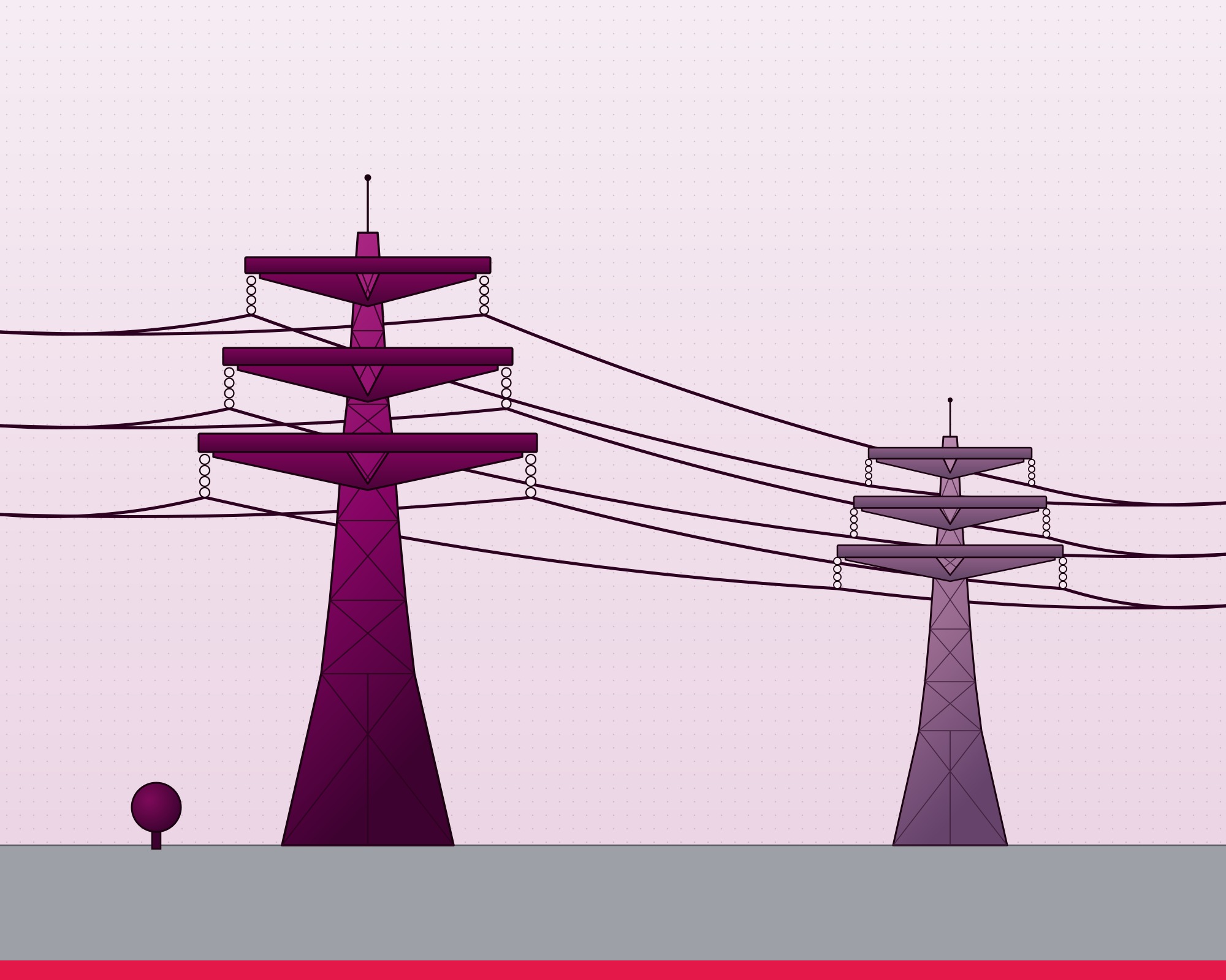 Two purple high-voltage transmission towers at different scales connected by sagging power lines, illustrating long-distance grid interconnection.