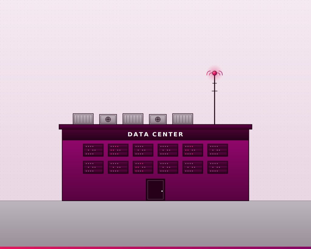 Front view illustration of a data center facility with rows of glowing server racks visible inside and a flashing antenna on the roof.