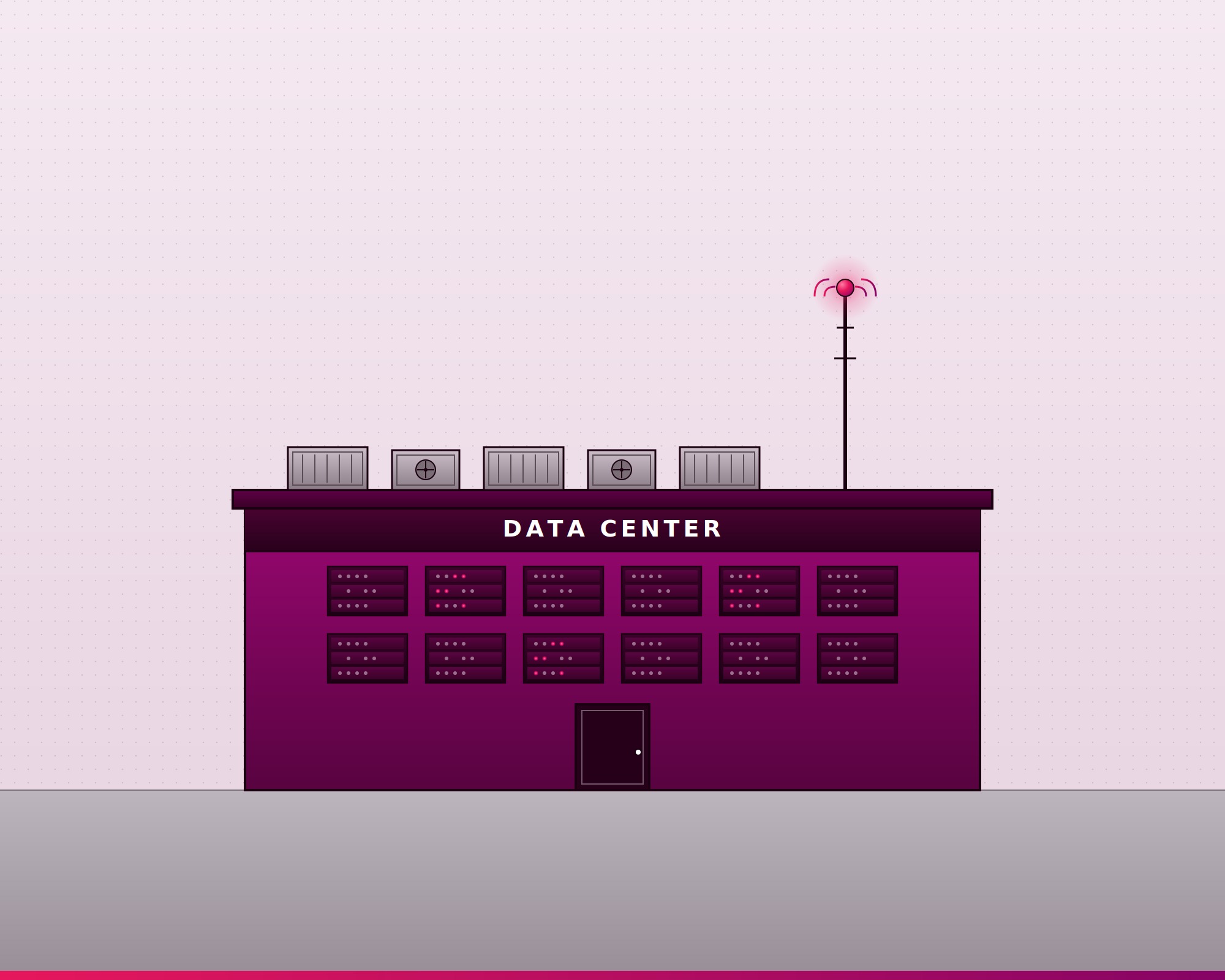 Front view illustration of a data center facility with rows of glowing server racks visible inside and a flashing antenna on the roof.