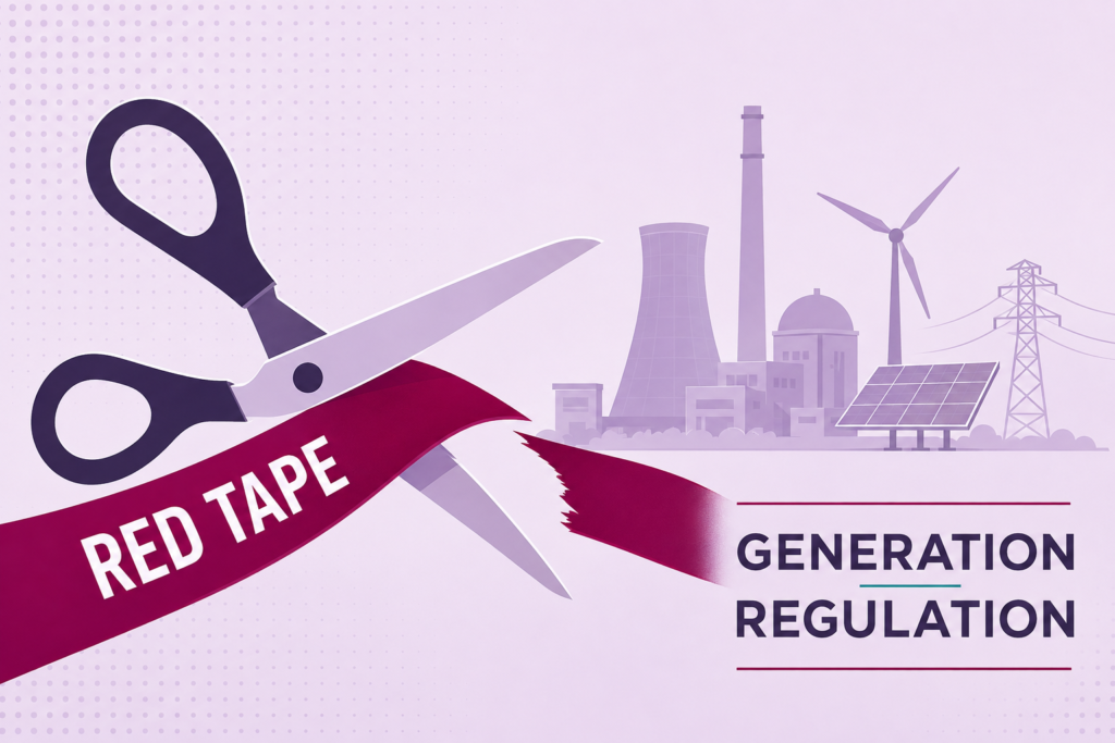 Scissors cutting red tape labeled Red Tape in front of power plant and renewable energy icons, with text Generation Regulation