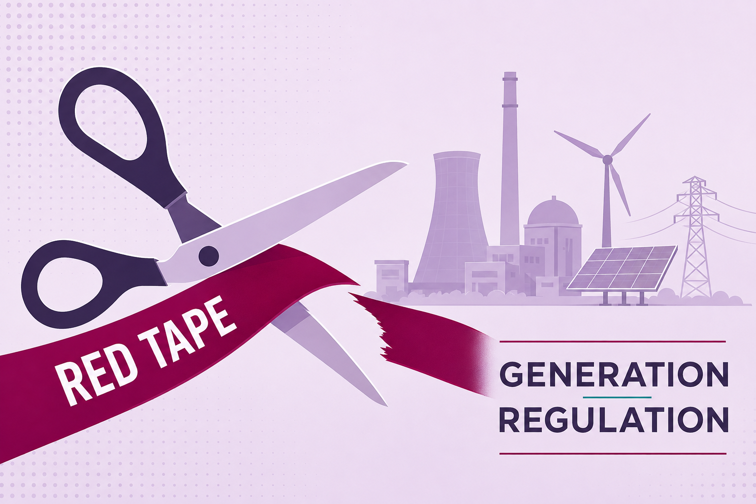 Scissors cutting red tape labeled Red Tape in front of power plant and renewable energy icons, with text Generation Regulation